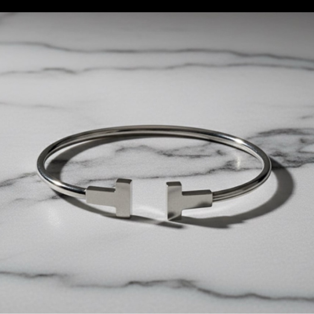 Elegant “T” Open Bangle Bracelet, Stainless Steel, flexible design - Picture 2 of 3